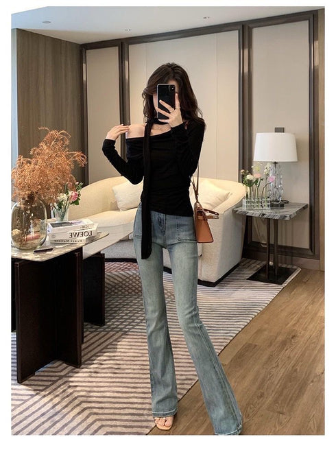 Women Off-Shoulder Long Sleeves Tops With Ribbons